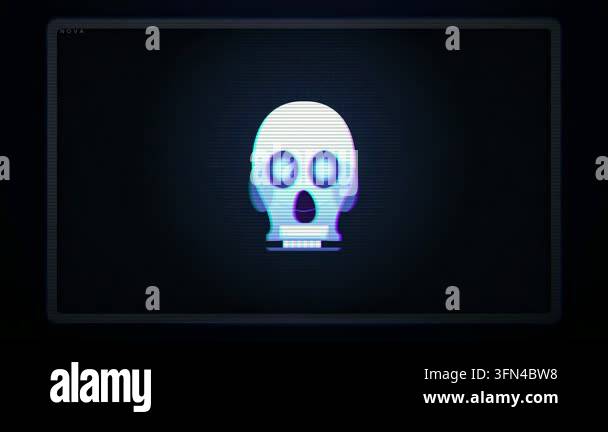 A glitch effect distorts a digital skull icon on a dark screen ...