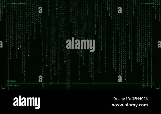Digital screen displaying a system breach with cascading green code and ...