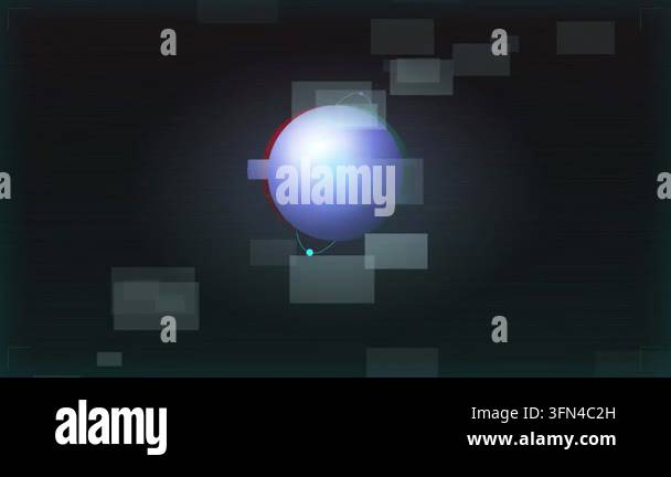Abstract digital animation of a glowing blue sphere with orbiting ...
