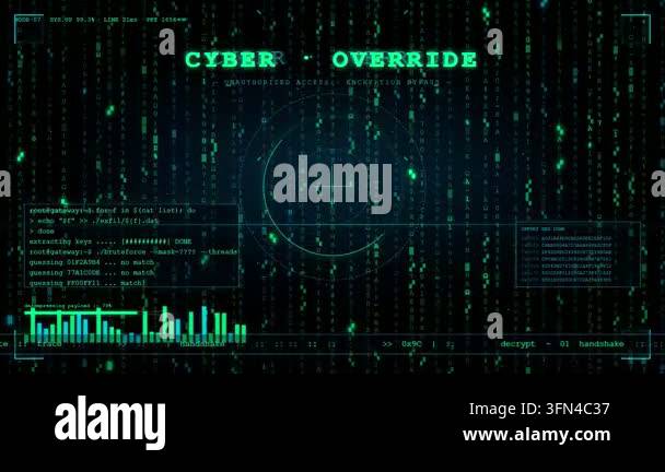 Digital screen displaying a matrix of green code with a central ...
