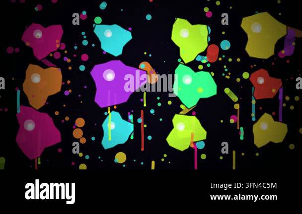 Abstract colorful shapes and dots floating and moving against a dark ...