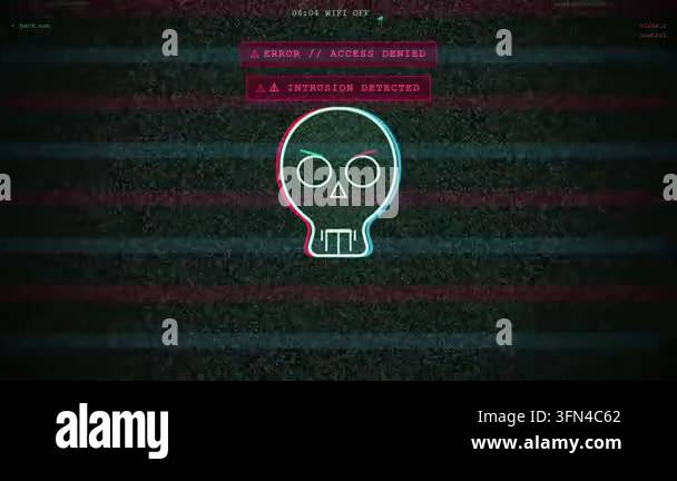 Digital glitch effect displays a skull icon with error messages and ...