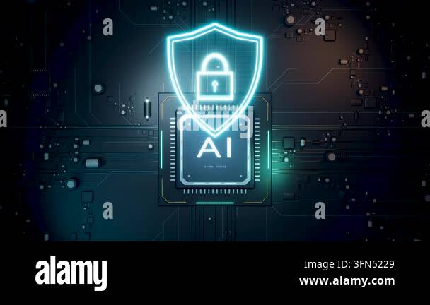 Futuristic AI CPU chip with a glowing shield and padlock icon. Digital ...