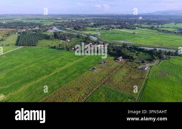 An aerial shot showcasing expansive farmland with vibrant green fields ...