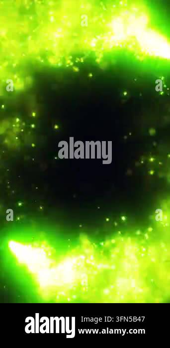 Bright green glowing bokeh particles with soft dark center, creating an ...