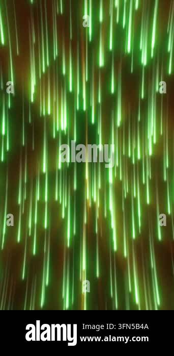 Vertical green glowing light streaks falling through a dark background ...