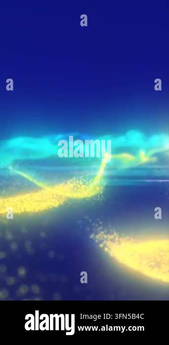 Abstract teal and yellow particle landscape with glowing digital waves ...