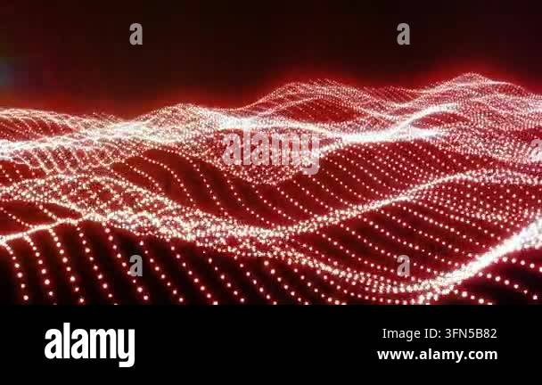Bright white particles create a dynamic flowing red digital landscape ...
