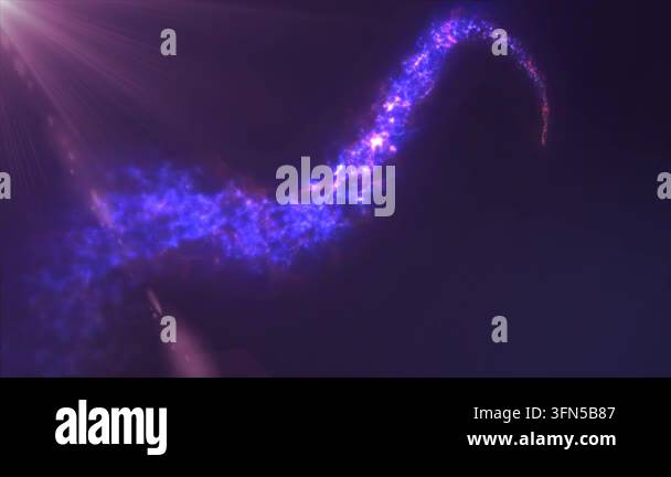 Abstract flying magical glowing line of energy purple particles in the ...