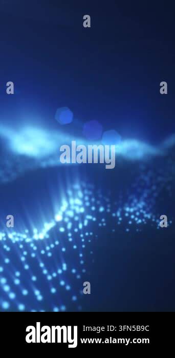 Glowing blue particles and light beams form a soft abstract wave ...