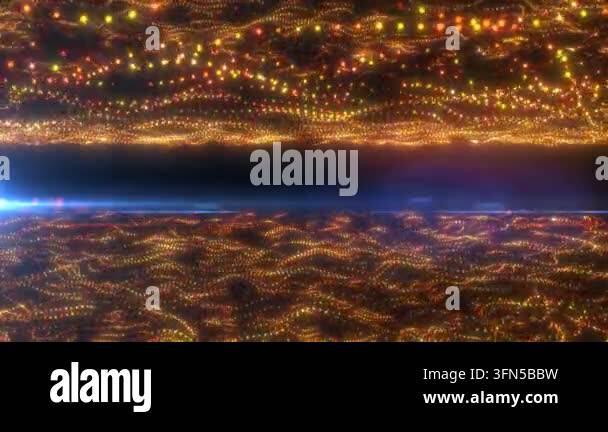 Shimmering orange glowing particles forming a flowing wave surface with ...
