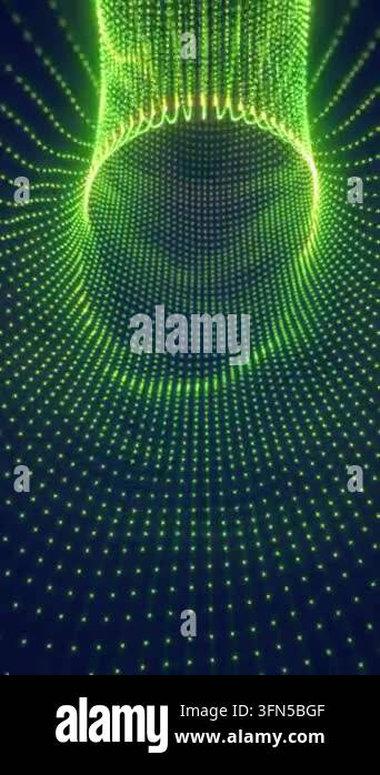 Glowing green particles form a flowing digital tunnel with curved ...