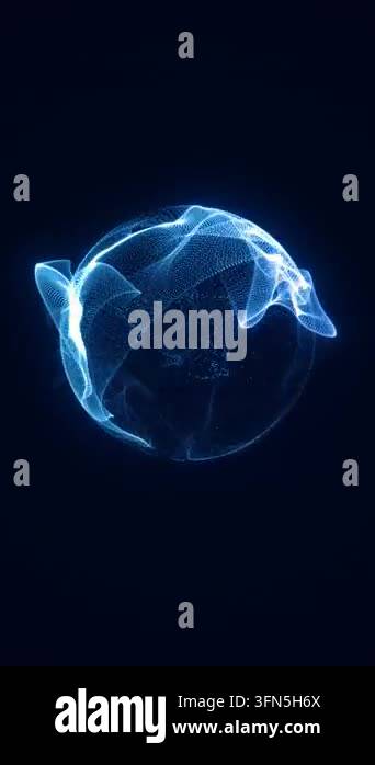 Glowing blue sphere composed of flowing particles and wave meshes ...