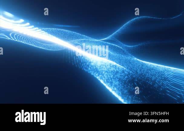 Blue glowing energy waves from small particles and lines abstract ...