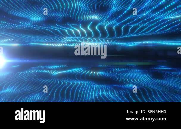 Abstract blue particle waves forming a digital glowing surface with ...