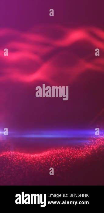 Abstract red and magenta particle landscape with glowing dotted waves ...