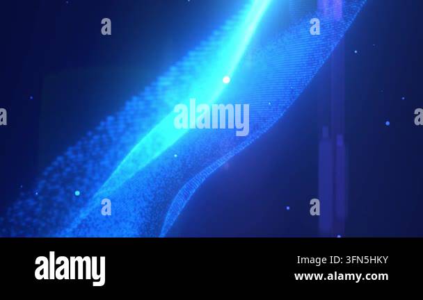 Futuristic glowing blue wave of particles against a dark background ...