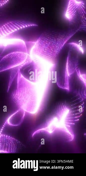 Glowing purple and pink particle waves flow through a dark abstract ...