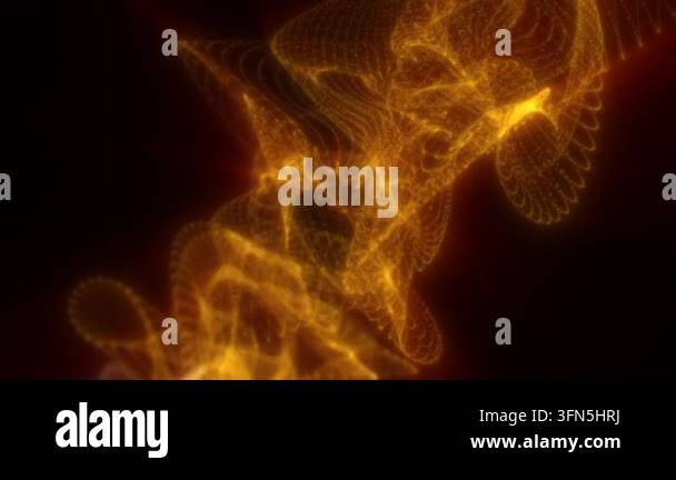 Golden particles arranged in swirling digital waves form a glowing mesh ...