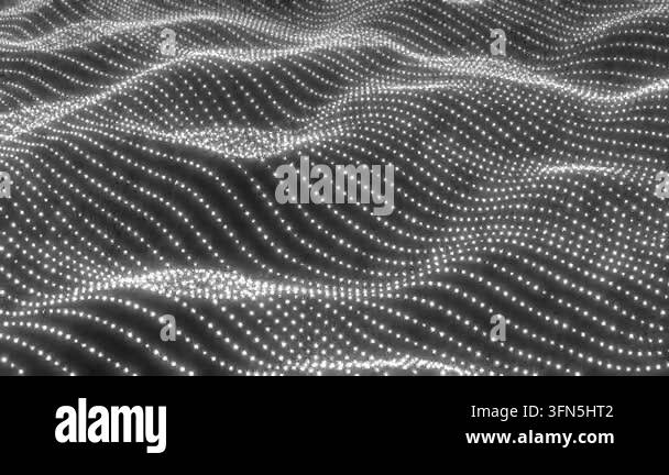 White digital particles form a monochrome flowing terrain resembling ...