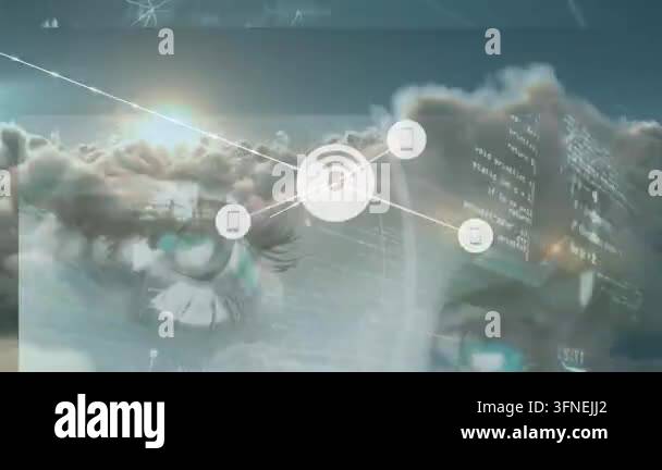 Animation of network of connections with icons and data processing over ...