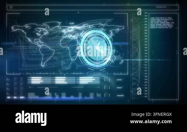 Animation of clock moving fast and data processing with world map over ...