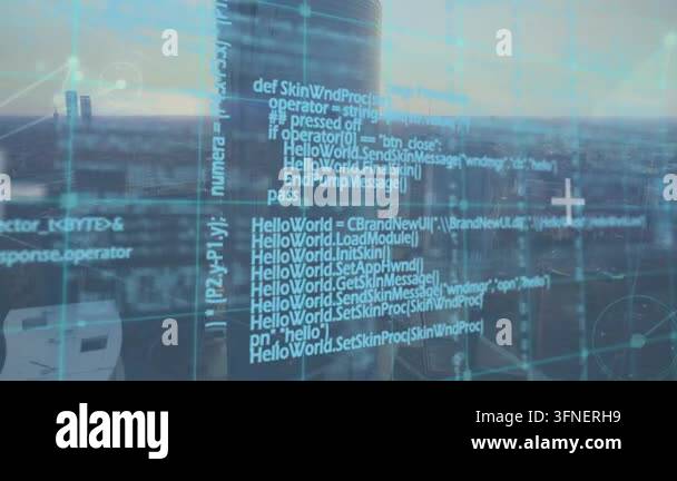 Animation of network of connections and data processing over cityscape ...