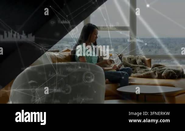 Animation of computer icons connecting with lines over woman using ...