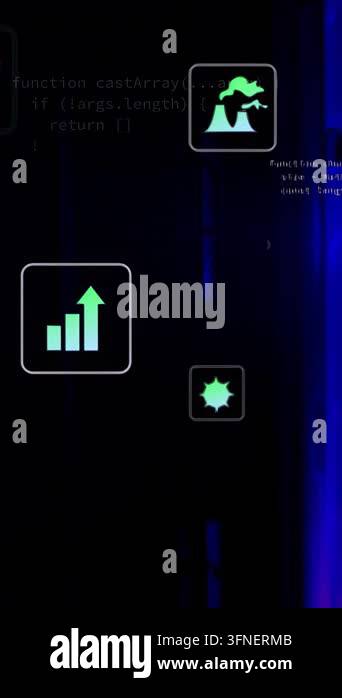Neon green tech icons pulsing and shifting while code-triggered data ...