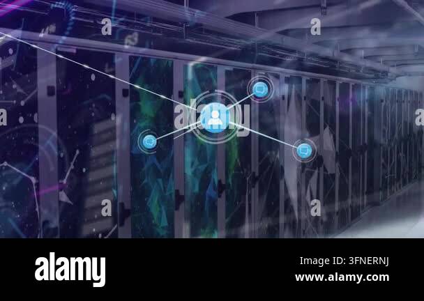 Animation of network of connections with icons and data processing over ...
