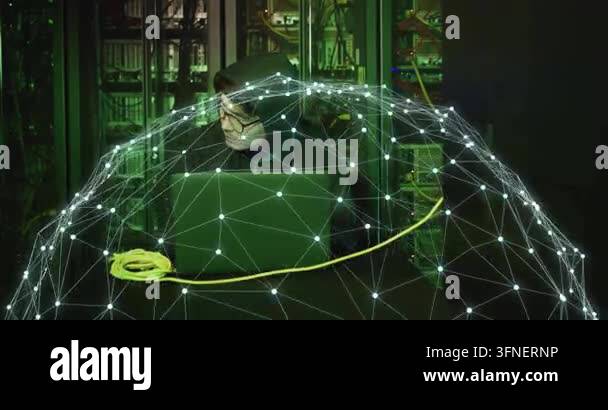Animation of digital data processing with globe over it asian male ...
