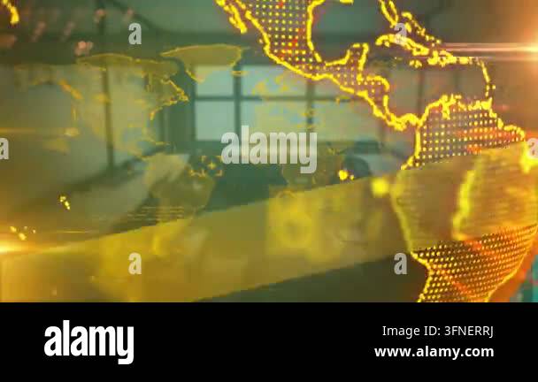 Glowing digital globe and world map animation over modern office ...