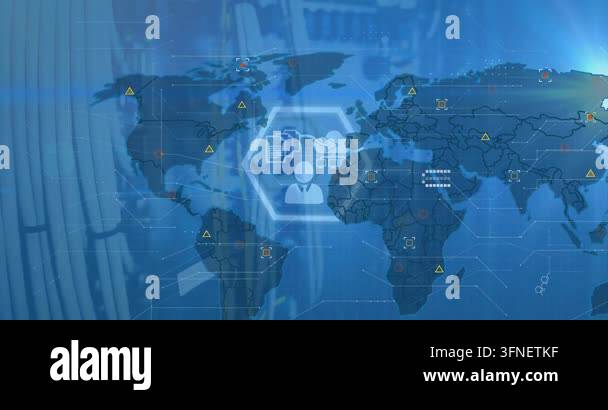 Animation of digital interface and data processing over world map on ...
