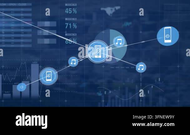 Animation of musical note and mobile icon's network connecting with ...
