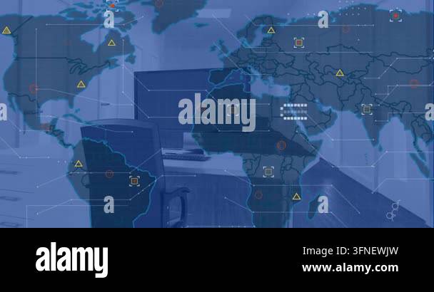Animation of financial data processing and world map over office with ...