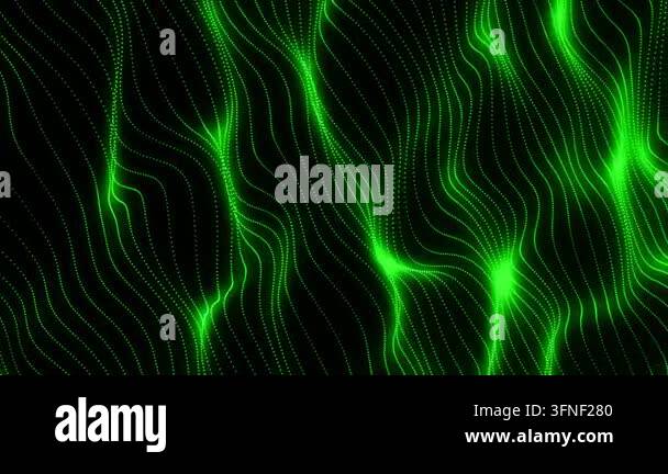 Glowing green digital wave of particles forming fluid curves on a dark ...