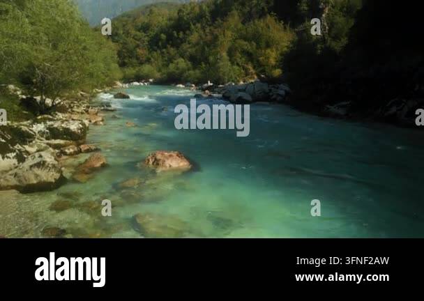 Clear mountain river flowing through green landscape Stock Video ...