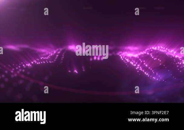 Abstract purple glowing wave of light particles on a dark background ...