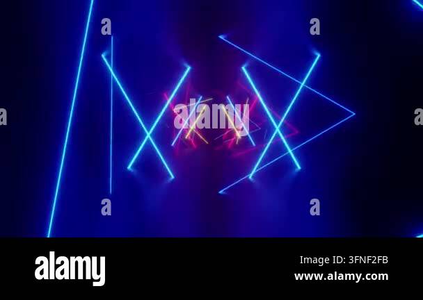 Abstract neon triangle tunnel with glowing lights and a dark background ...