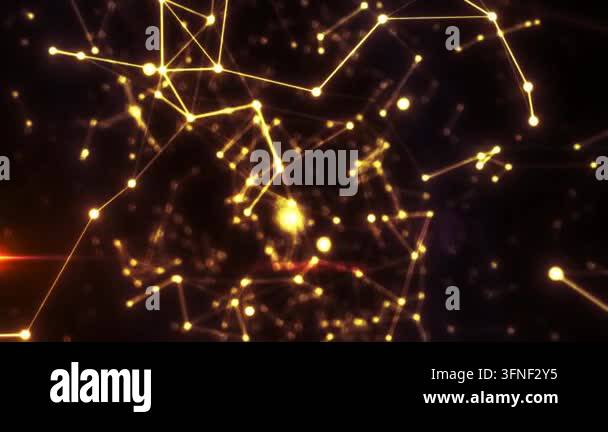 Abstract glowing yellow network of connected nodes and lines on a dark ...