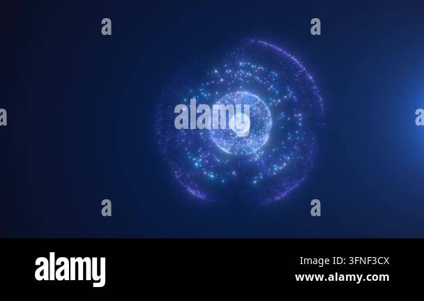 Glowing digital sphere surrounded by layers of sparkling particles in a ...