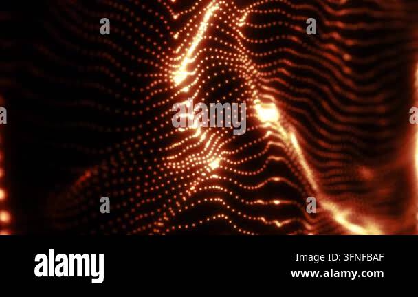 Glowing grid of orange particles forming fluid wave patterns Stock ...