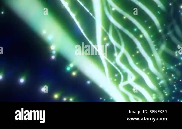 Abstract green light streams with colorful glowing particles on a dark ...