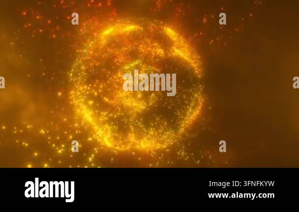 Exploding abstract sphere made of glowing orange and yellow particles ...