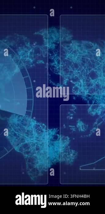 Animation of data processing with scope scanning and globe on black ...