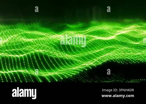 Vivid green glowing particles form a flowing digital wavefield with ...