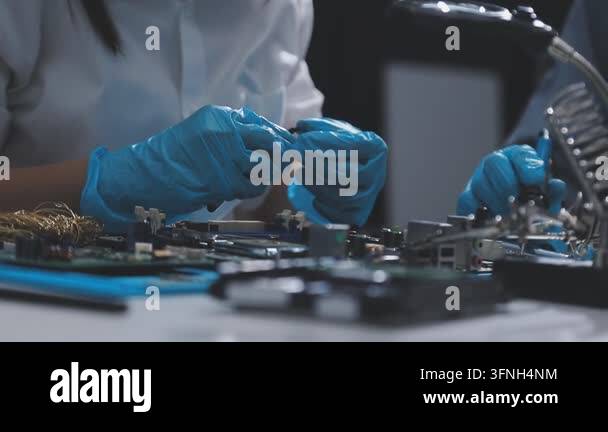 close up of hands of young technician repairing computer computer ...
