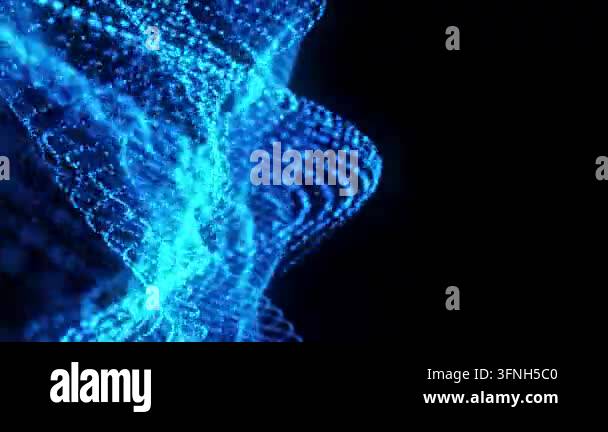 Flowing waves of blue glowing data particles forming a digital terrain ...