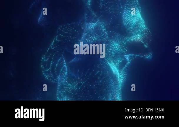 Flowing digital wave of blue and teal particles on a dark background ...