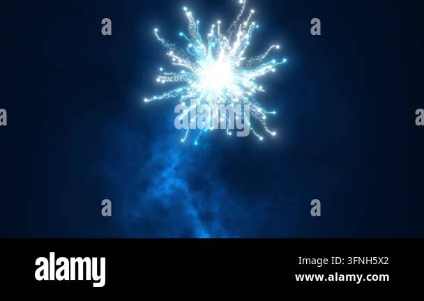 Exploding burst of glowing blue light particles radiating outward Stock ...